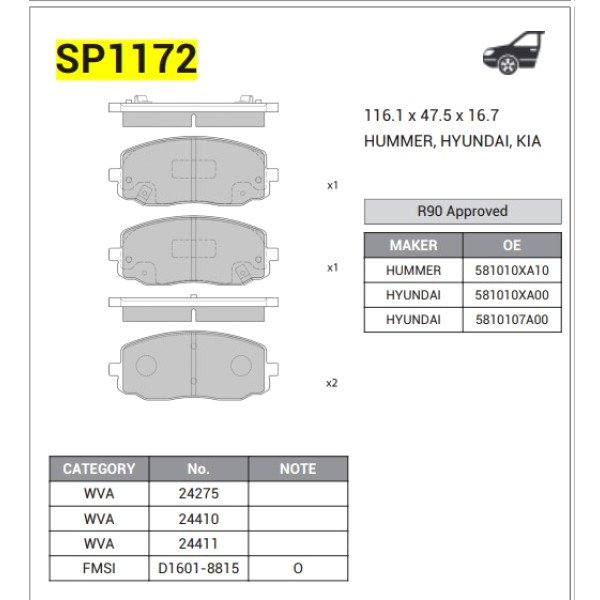 Front Break Pads SP1172 Hyndai  I10  - kia Picanto 2004-2011