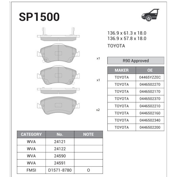 Break Pad Front Hi-Q Corolla 2008-2012 SA SP1500-NB24122